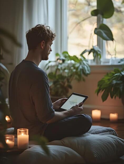 A person meditating in a serene environment, with a tablet displaying an ASMR video in the foreground. The setting should be calming and conducive to relaxation.
