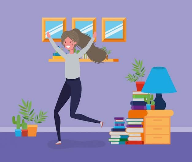 A person slipping while attempting a balancing challenge on a stack of books. The setting is a typical living room, and the expression on their face shows both surprise and a hint of panic.