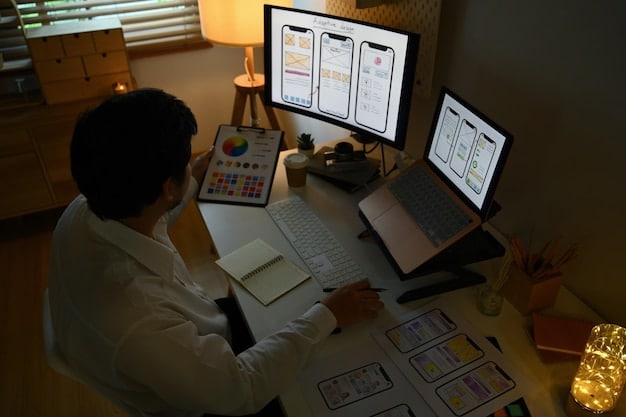 A person sitting at a desk, surrounded by multiple screens showing various content creation tools and social media dashboards. The scene is well-lit and organized, emphasizing productivity.