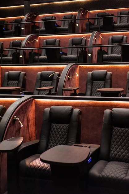 An interior shot of a modern, upscale movie theater featuring luxury reclining seats, a large screen, and ambient lighting. The image conveys a sense of comfort and premium viewing experience.
