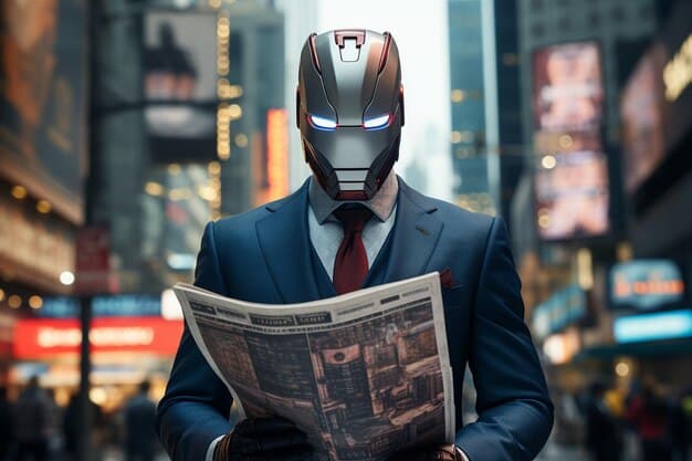 A screenshot from a superhero movie showing a character looking directly at a newspaper with a headline referencing another superhero, in a slightly blurry background.