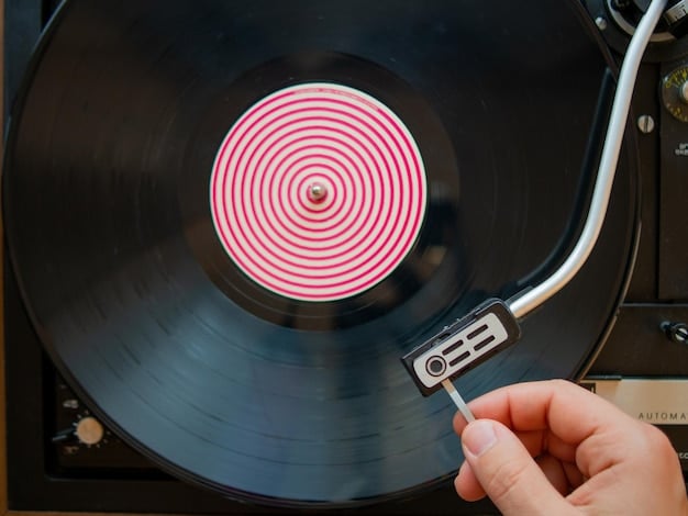 A close-up shot of a vinyl record spinning on a turntable, with the label showing the title of a famous 1970s movie soundtrack. The needle is gently resting on the record, capturing the essence of analog sound reproduction.