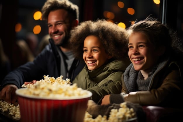 A family happily seated in a movie theater, enjoying popcorn and drinks. The seats are clearly marked as 