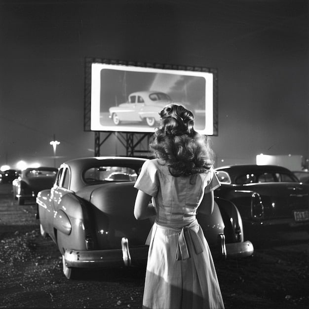 A black and white photograph from the 1950s showing a bustling drive-in movie theater. Classic cars fill the lot, and families are gathered around their vehicles, enjoying the movie.