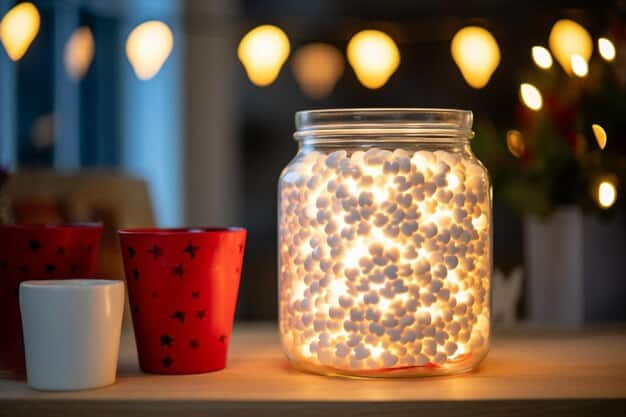 A close-up shot of DIY movie night decorations. Mason jars filled with fairy lights sit on a picnic blanket, accompanied by homemade popcorn bags with hand-drawn movie-themed designs. The background is slightly blurred, showcasing the outdoor setting with soft string lights.