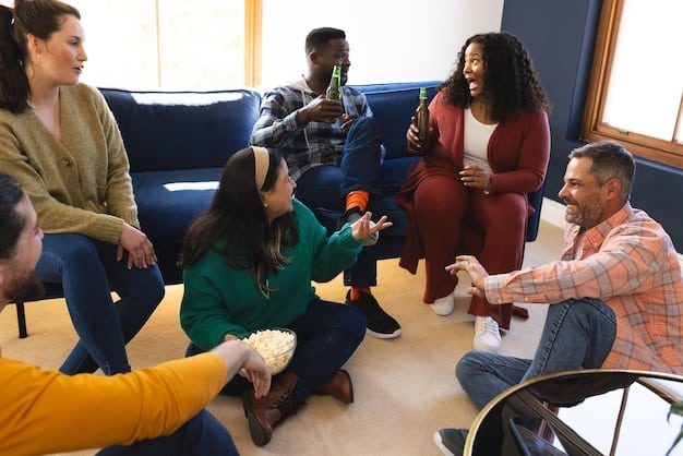A group of diverse friends excitedly discussing movie options while gathered around a whiteboard filled with film titles and genres, in a brightly lit living room. Some are gesturing enthusiastically, while others are taking notes.