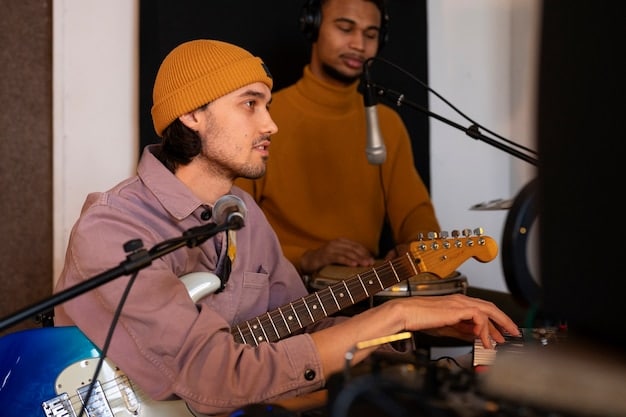 A diverse group of musicians collaborating in a modern recording studio, surrounded by instruments, microphones, and soundproofing panels. There is a collaborative and creative atmosphere of teamwork.