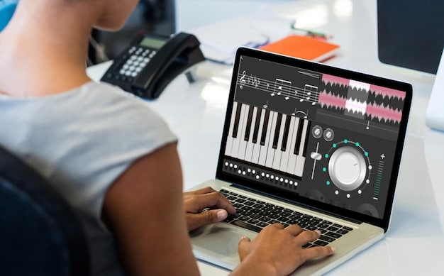 A musician analyzing data analytics from a music streaming platform on a laptop, focusing on optimizing music distribution and promotion.