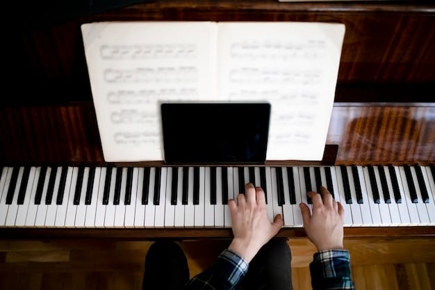 A close-up shot of hands playing a piano keyboard, with sheet music visible in the background. The lighting is soft and warm, highlighting the dedication and skill required in music performance.