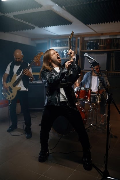 A wide shot of a band performing with the lead singer pointing the microphone towards the crowd, who are singing along enthusiastically. The band is energetic and fully engaged with their fans.