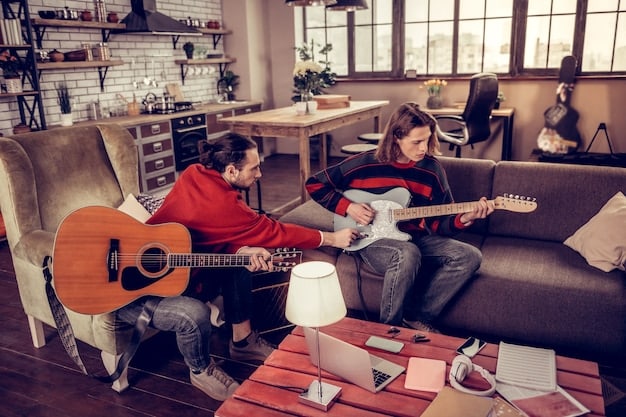 Two musicians, one playing a guitar and the other singing, working together in a cozy home studio, demonstrating the intimate and creative process of collaboration in a comfortable setting.