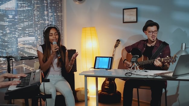 Musicians in separate locations participating in a video call, using online collaboration tools to discuss and refine their music project, highlighting the convenience and accessibility of virtual teamwork.
