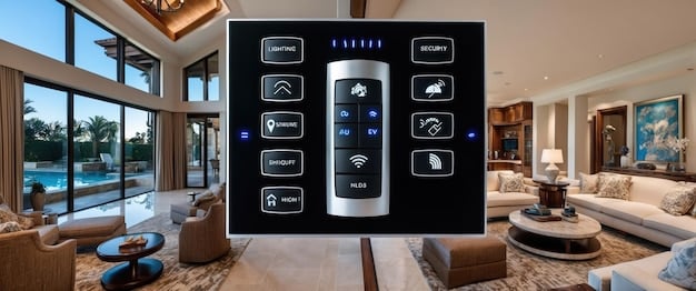 Interior shot of a high-tech smart home showcasing an integrated control panel, minimalist design, and natural lighting. Highlight the seamless fusion of technology and luxury in a celebrity-owned property.