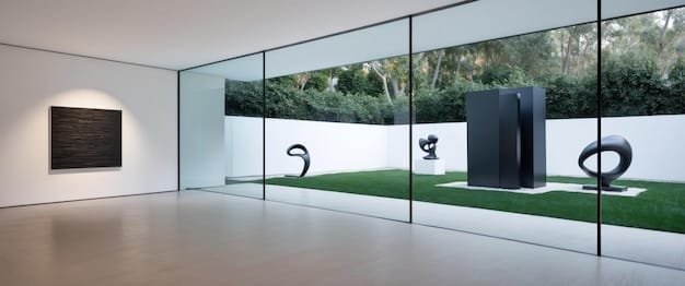 Exterior shot of a minimalist mansion with clean lines, large windows, and a seamless integration of indoor and outdoor spaces. The image should highlight the understated elegance and modern design.