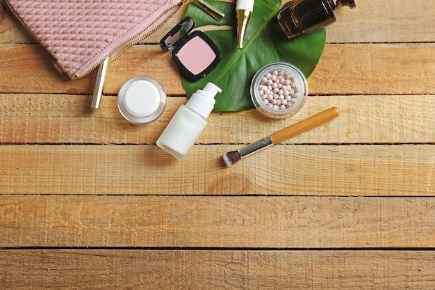 A close-up shot of a makeup table filled with affordable drugstore makeup products, including foundation, eyeshadow palettes, lipsticks, and brushes. The table is neatly organized and well-lit, creating an inviting and inspiring atmosphere.