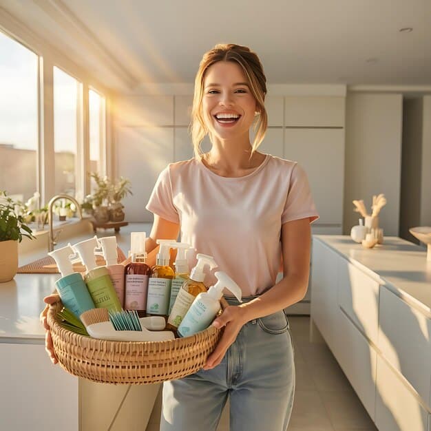 Jessica Alba smiling while surrounded by The Honest Company products, including diapers, lotions, and cleaning supplies. The background is bright and clean, suggesting a healthy and eco-friendly lifestyle.