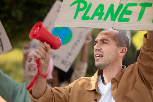 A celebrity speaking passionately at a climate change protest, with a crowd of supporters listening intently. The environment is filled with signs and banners advocating for environmental protection.