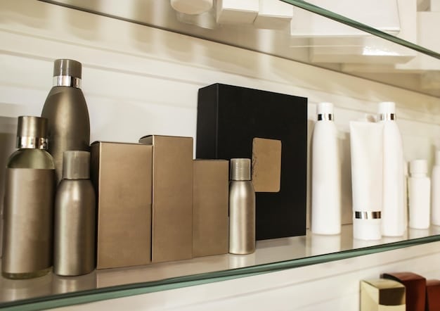 A sleek, minimalist image of shelves stocked with various celebrity-branded merchandise - clothing, cosmetics, accessories, and home goods. The lighting is soft and highlights the premium quality of the products.