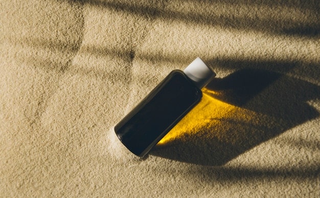 An elegant studio shot featuring a bottle of sunscreen with a light texture against a backdrop of lush greenery and soft sunlight. The scene suggests both effective sun protection and a connection to nature, highlighting the product as an essential part of a healthy lifestyle.