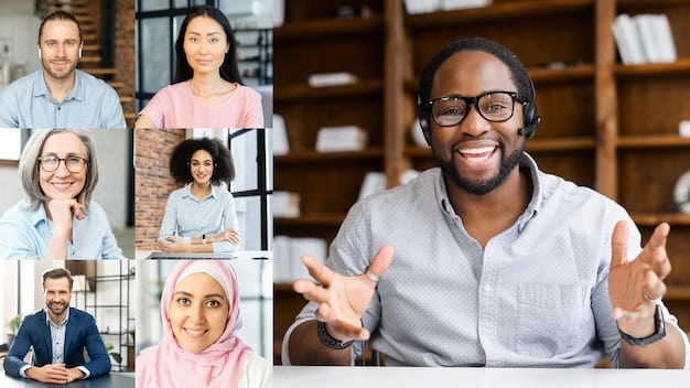 An image of diverse individuals participating in a virtual book club meeting via video conference. They are all holding books and appear engaged in thoughtful discussion. The background shows various home settings, emphasizing the accessibility and inclusivity of online book clubs.