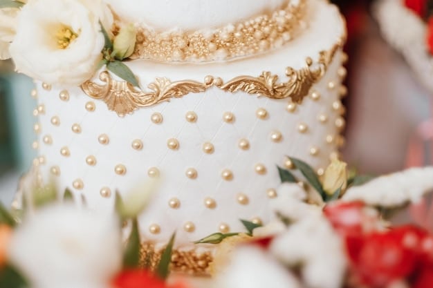 A close-up shot of an intricately designed wedding cake at a celebrity wedding. The cake is multi-tiered and decorated with delicate sugar flowers that resemble real blooms. Soft, natural lighting illuminates the cake, highlighting the craftsmanship and attention to detail.