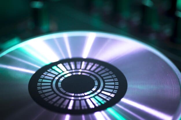 A close-up shot of a 4K Blu-ray disc, reflecting digital information, with a blurred background showing a home theater system, symbolizing the pristine quality of the physical format.