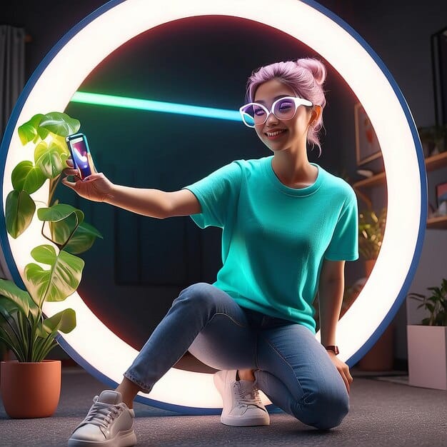 A celebrity influencer on a social media platform, holding a product with augmented reality elements floating around them, demonstrating interactive and futuristic endorsement possibilities. Digital metrics and engagement icons are visible.