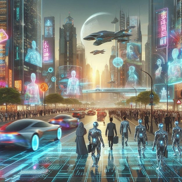 A futuristic cityscape with holographic projections of NPC characters interacting with human-like avatars, suggesting the long-term integration and evolution of the trend in digital spaces.