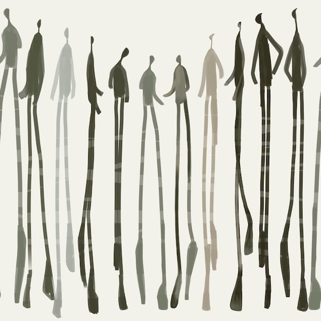 A minimalist, abstract image of multiple human silhouettes standing in identical poses, with a single, slightly discolored silhouette subtly breaking the pattern, representing conformity and the search for authenticity.