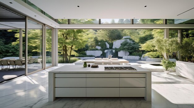 A sleek, modern kitchen with high-end appliances, an oversized island, and floor-to-ceiling windows overlooking a lush private garden in a celebrity home.