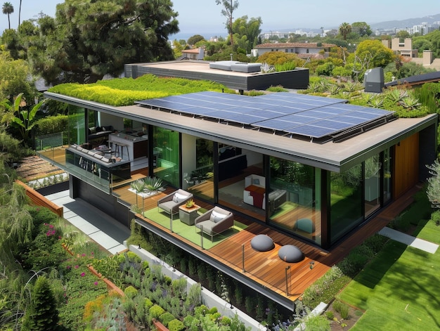 An eco-friendly modern home exterior with solar panels, a green roof, and lush landscaping, showcasing sustainable luxury in a celebrity residence.