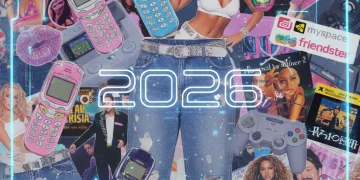 Nostalgia Marketing 2026: The Enduring Allure of 2000s Pop Culture Vibrant collage of 2000s pop culture elements with a futuristic twist, representing nostalgia marketing in 2026.