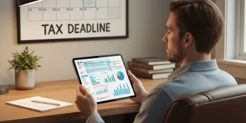 Person planning 2026 tax deductions on a tablet with financial charts.