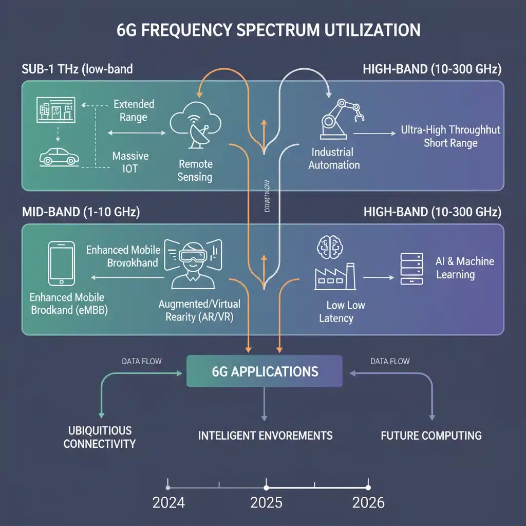 Diagram of 6G frequency bands and applications timeline