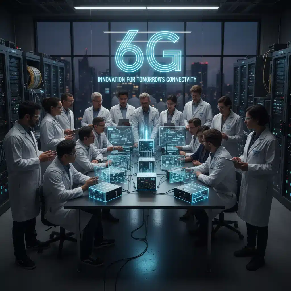 Engineers collaborating on 6G wireless communication technology