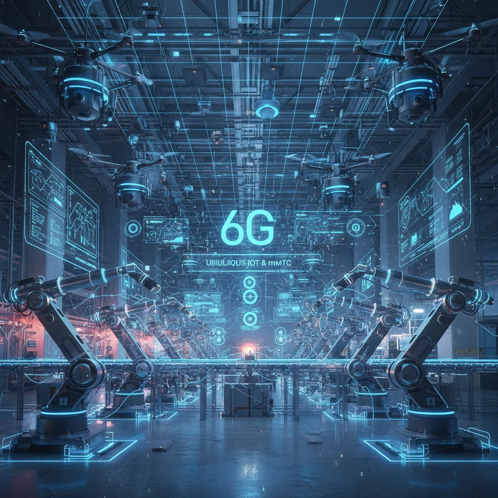 Interconnected smart devices and robots in a factory, representing 6G IoT