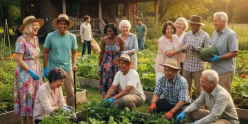 Diverse senior citizens engaged in a vibrant community activity, symbolizing active aging and social support.