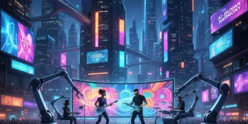 AI and human artists collaborating on futuristic pop culture art