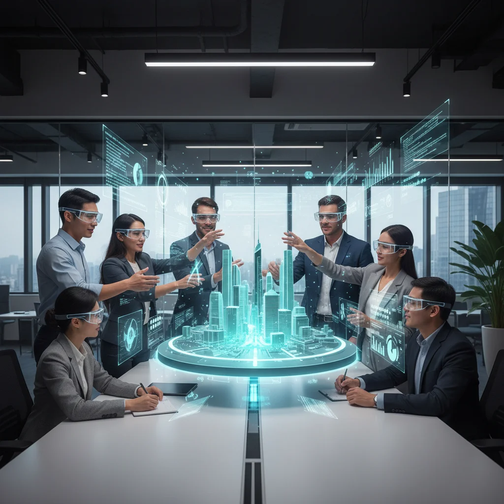 Professionals collaborating using AR glasses in office