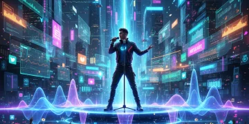 Artist navigating futuristic music industry landscape with streaming data and engaged fans