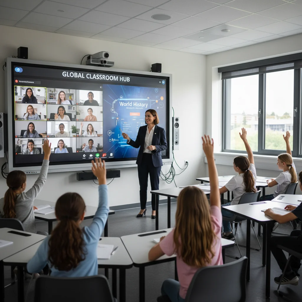 Teacher facilitating a blended learning classroom with in-person and remote students.