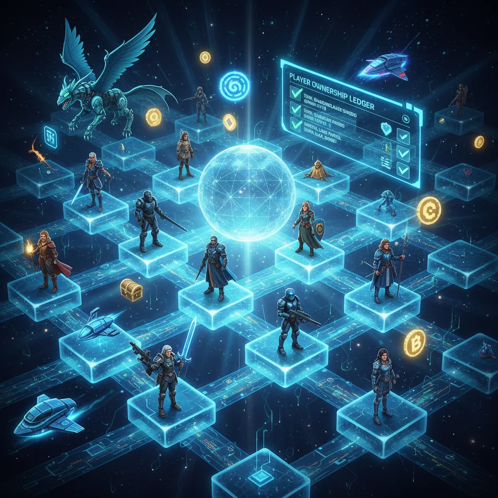 Blockchain network with gaming elements, representing secure digital asset ownership in entertainment.