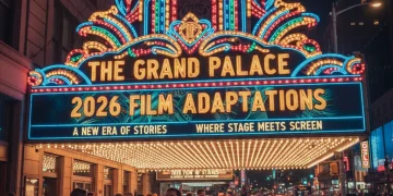 Broadway theater marquee announcing 2026 film adaptations