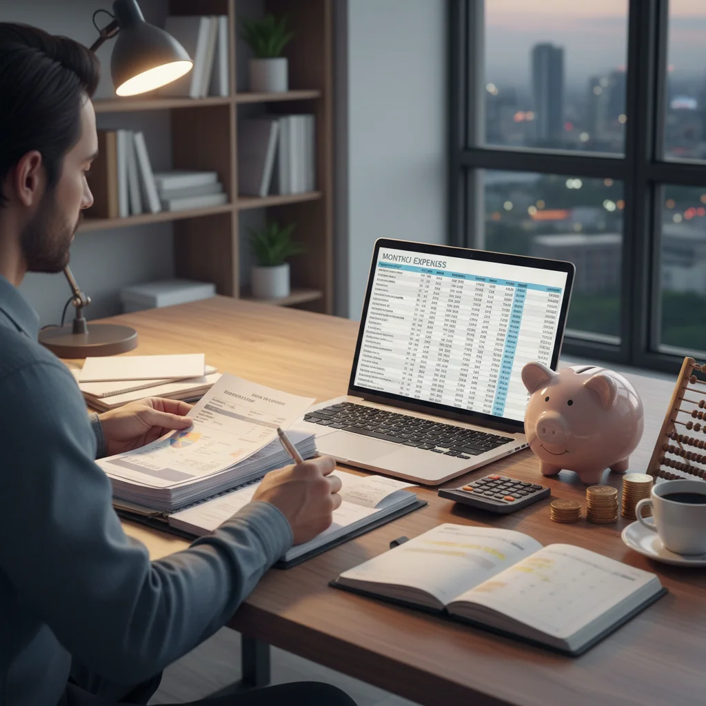 Person meticulously budgeting and organizing financial documents