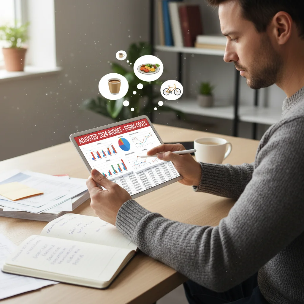 Person reviewing budget on a tablet, actively managing finances against inflation.