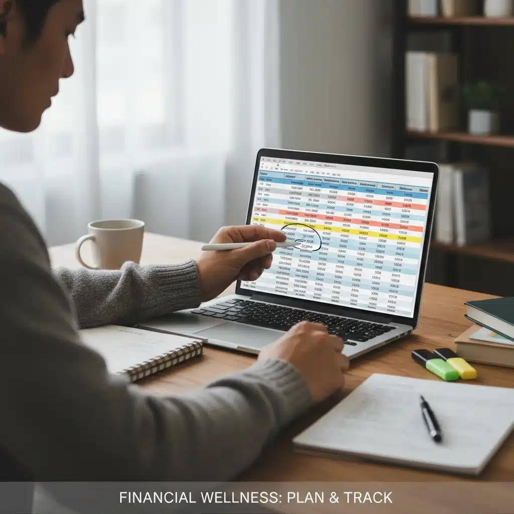 Person analyzing a detailed budget spreadsheet on a laptop, emphasizing financial planning.