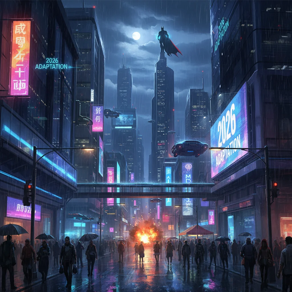 Atmospheric city skyline at night with a superhero figure, symbolizing the urban setting of many comic book adaptations.