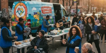Community outreach team engaging with homeless individuals in an urban setting, offering support and resources.