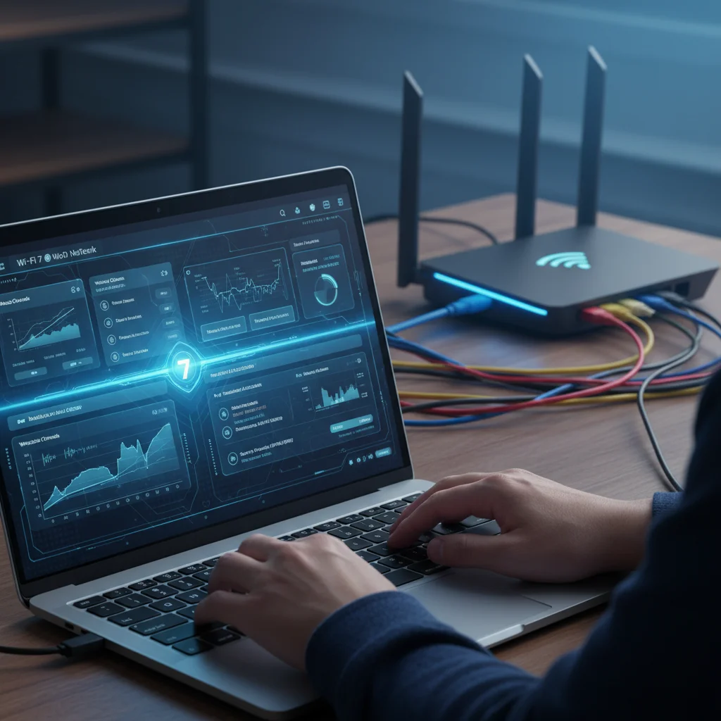 Person configuring Wi-Fi 7 router settings on laptop interface