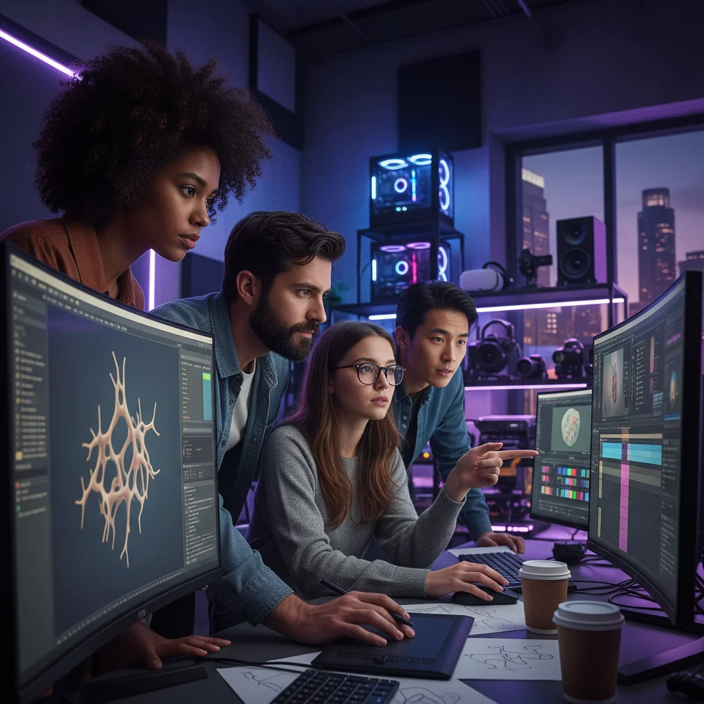 Young creators collaborating on digital fan projects, symbolizing community and innovation